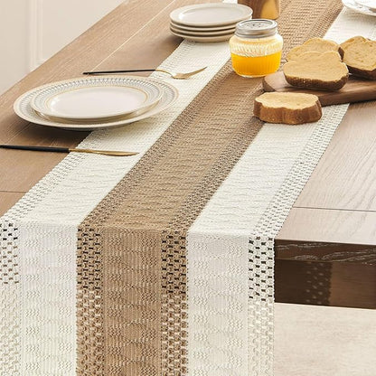 ZeeMart Macrame Style Bicolor Stitching Table Runner, 14 x 90 Inch Brown/Ivory - Image 5