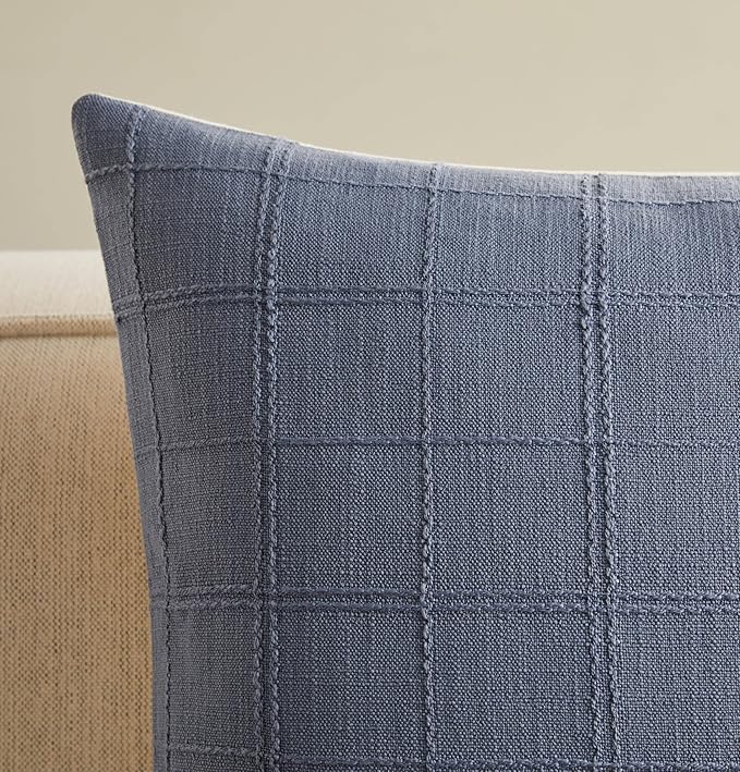 ZeeMart Linen Checked Throw Pillow Covers Set of 2, 20x20 Inch Blue/Cream - Image 2
