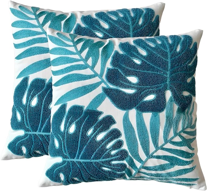 TAOSON Pack of 2, Tropical Blue Leave Pattern Embroidered Throw Pillow Covers by TAOSON