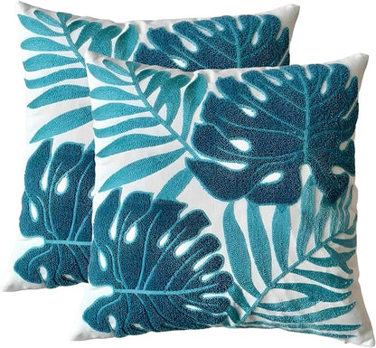 TAOSON Pack of 2, Tropical Blue Leave Pattern Embroidered Throw Pillow Covers by TAOSON