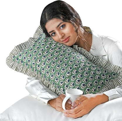 Ridhi Basil Green 100% Cotton Block Print Ruffle Lumbar Sham Cover Handmade by Ridhi