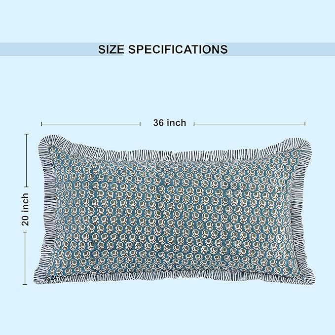 Ridhi Peacock Blue 100% Cotton Block Print Ruffle Bed Sham Cover 20''×36'' Boho - Image 4