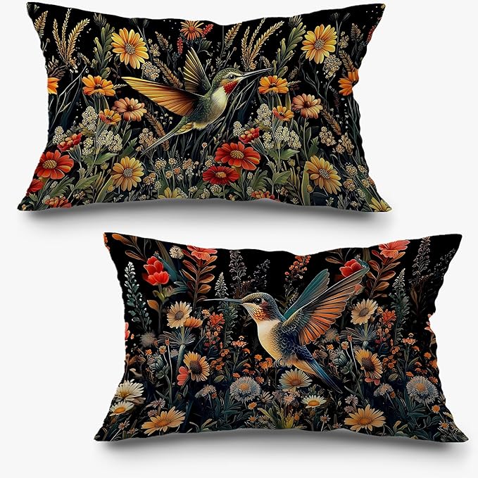 Moody Floral Hummingbird Pillow Covers 12x20 Set of 2, Gifts by Exqcom