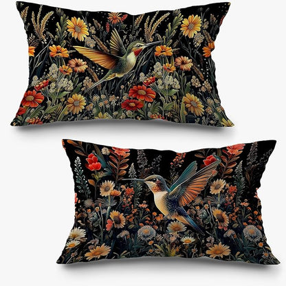 Moody Floral Hummingbird Pillow Covers 12x20 Set of 2, Gifts by Exqcom
