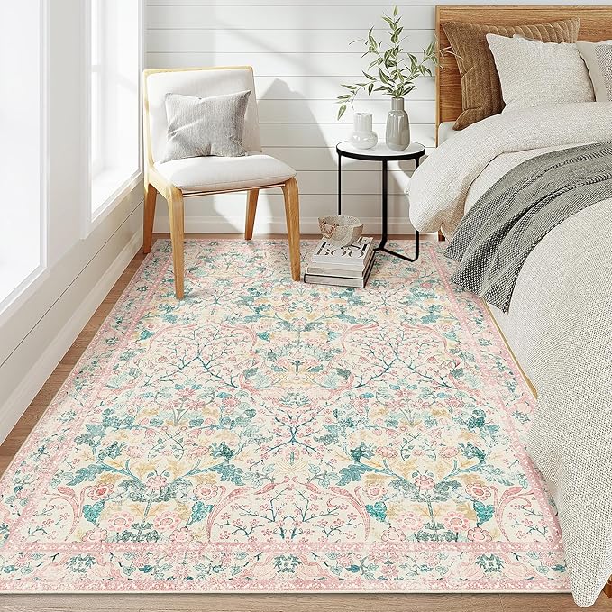 MUJOO 3x5 Pink Rug Washable, Floral Area Rug - Image 3