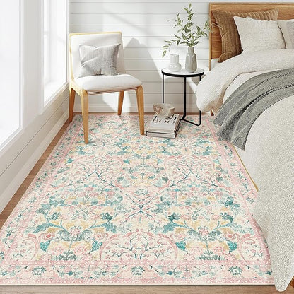 MUJOO 3x5 Pink Rug Washable, Floral Area Rug - Image 3