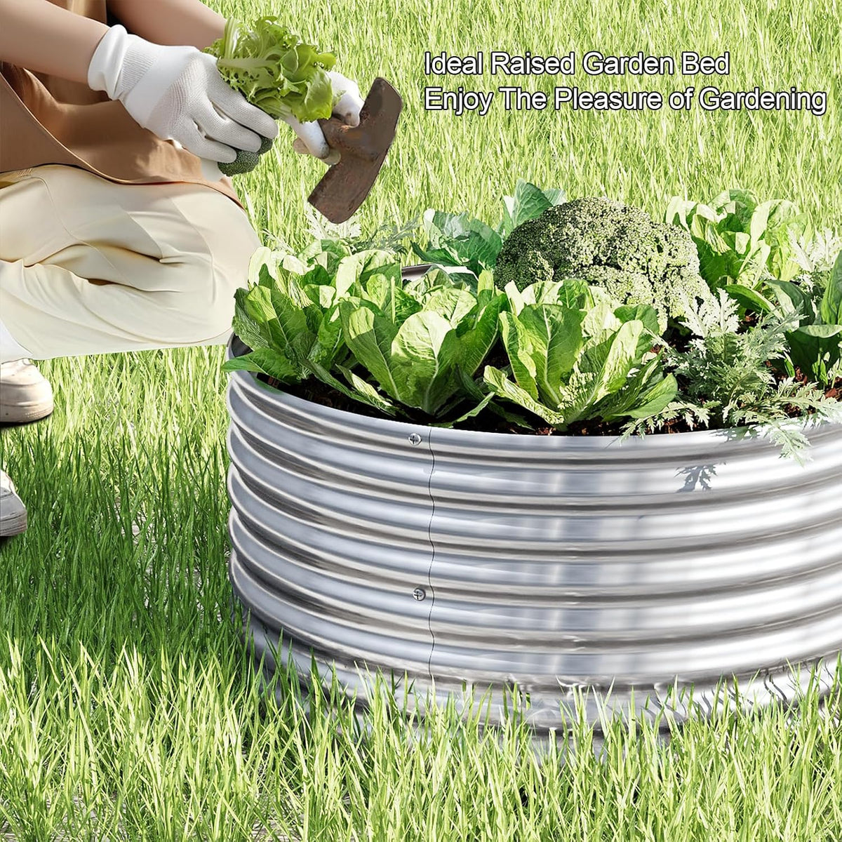 3x3ft round galvanized raised garden bed outdoor, metal, side view