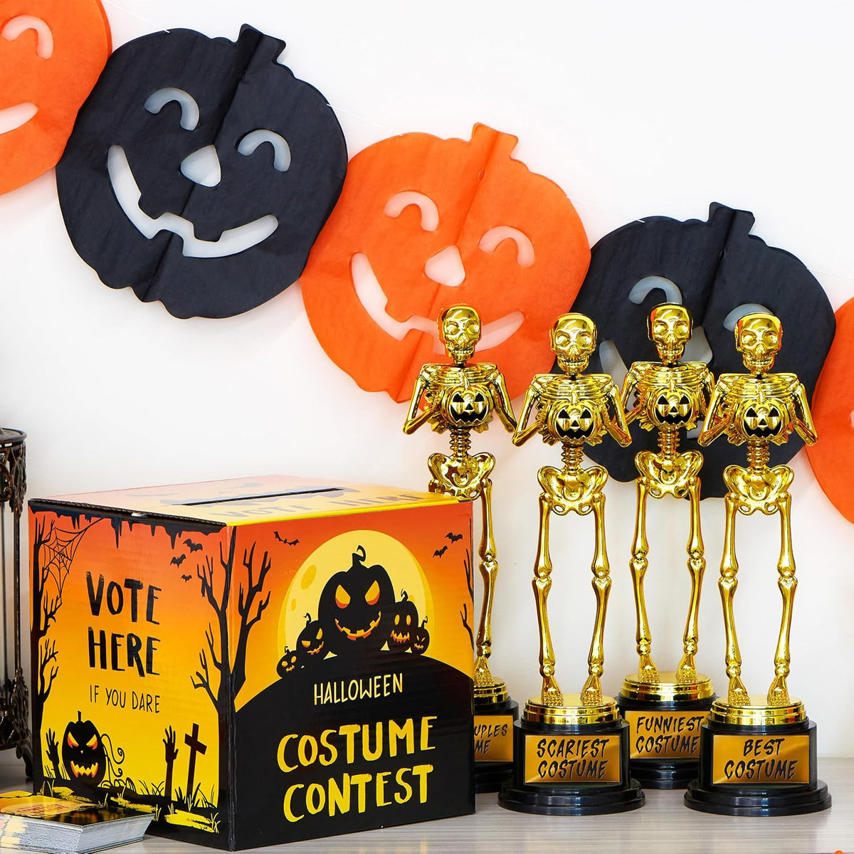 JOYIN Halloween Costume Contest Ballot Card Box, 4 PCS Trophy Awards Best Costume Skeleton, 50 PCS Voting Cards, Halloween Party Favor Supplies for Trick or Treating, Students Classroom Prize