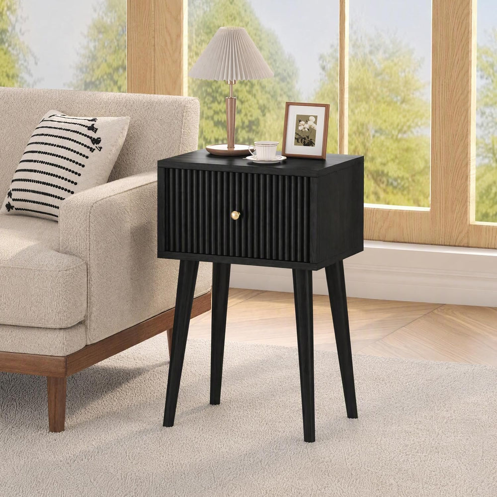 Akxomel Small Nightstand Set 2 Fluted Wooden Nightstands Wood Legs Black