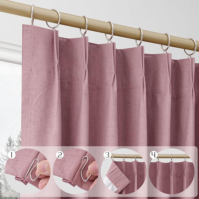 Blush Pink 100% Blackout Pinch Pleated Linen Curtains 96 Inches Long - Image 3