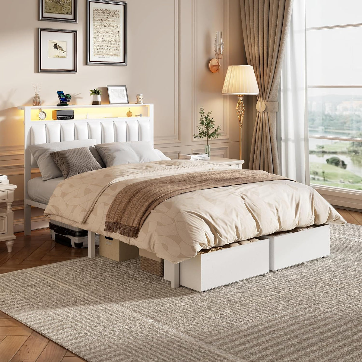 furnulem white full size bed frame with pu, front angle view