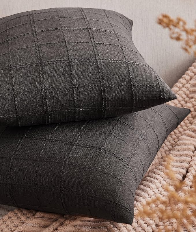 ZeeMart Linen Checked Throw Pillow Covers Set of 2, 24x24 Inch Allover Grid by ZEEMARTONLINE