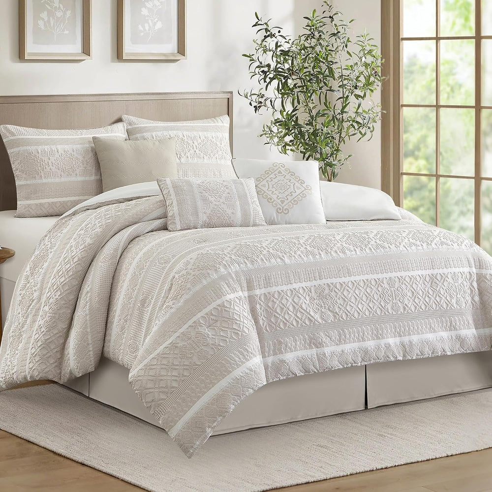 LANCO MODERN LIFESTYLE 7 Piece King Comforter Set, Beige, Elegant Jacquard wi...