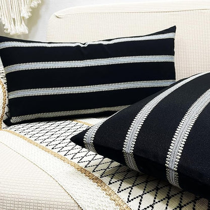 Slow Cow Linen Off White and Black Rectangular Throw Pillow Covers Striped - Image 3