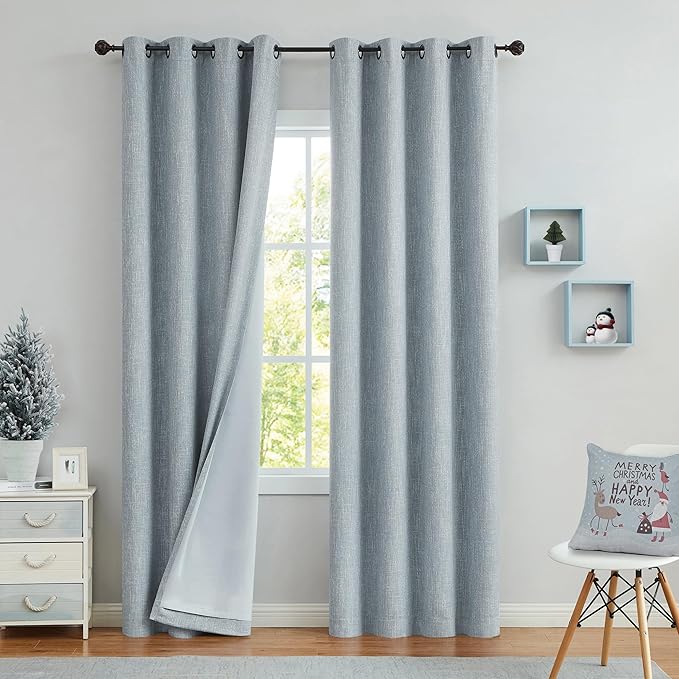 Blue Solid Full Blackout Curtain Heavy Linen Texture Window Treatment by CentralPark