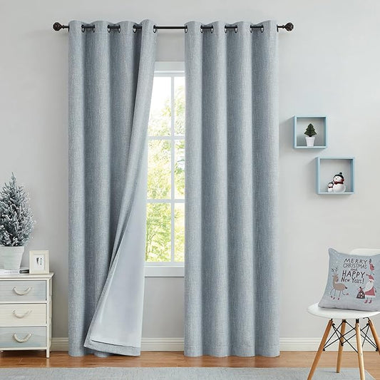 Blue Solid Full Blackout Curtain Heavy Linen Texture Window Treatment by CentralPark