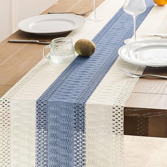ZeeMart Macrame Style Bicolor Stitching Table Runner, 14 x 48 Inch Blue/Ivory - Image 5