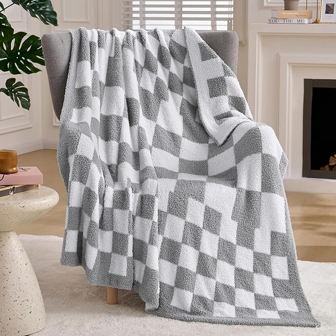 Joiedomi Throw Blanket for Couch, Light Grey Checkered Knitted Blankets Gifts by Joiedomi