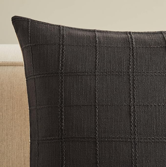 ZeeMart Linen Checked Throw Pillow Covers Set of 2, 16x16 Inch Charcoal/Cream - Image 2