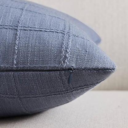 ZeeMart Linen Checked Throw Pillow Covers Set of 2, 22x22 Inch Allover Grid Blue - Image 2