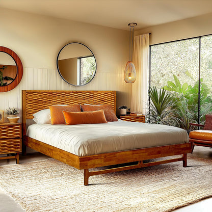acacia elara wood bed frame with cnc-carved headboard, side view