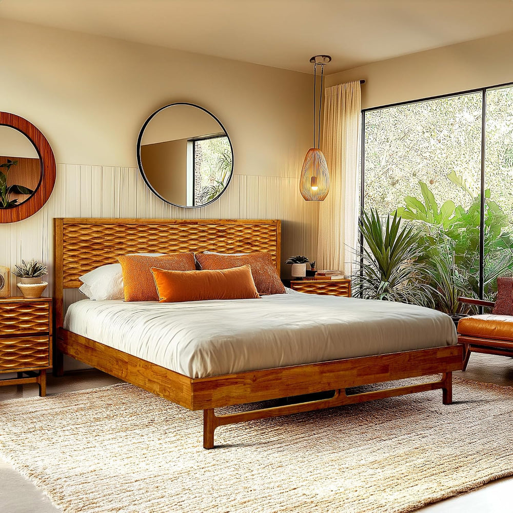 Acacia Elara Wood Bed Frame with CNC-Carved Headboard, Queen Size, Caramel