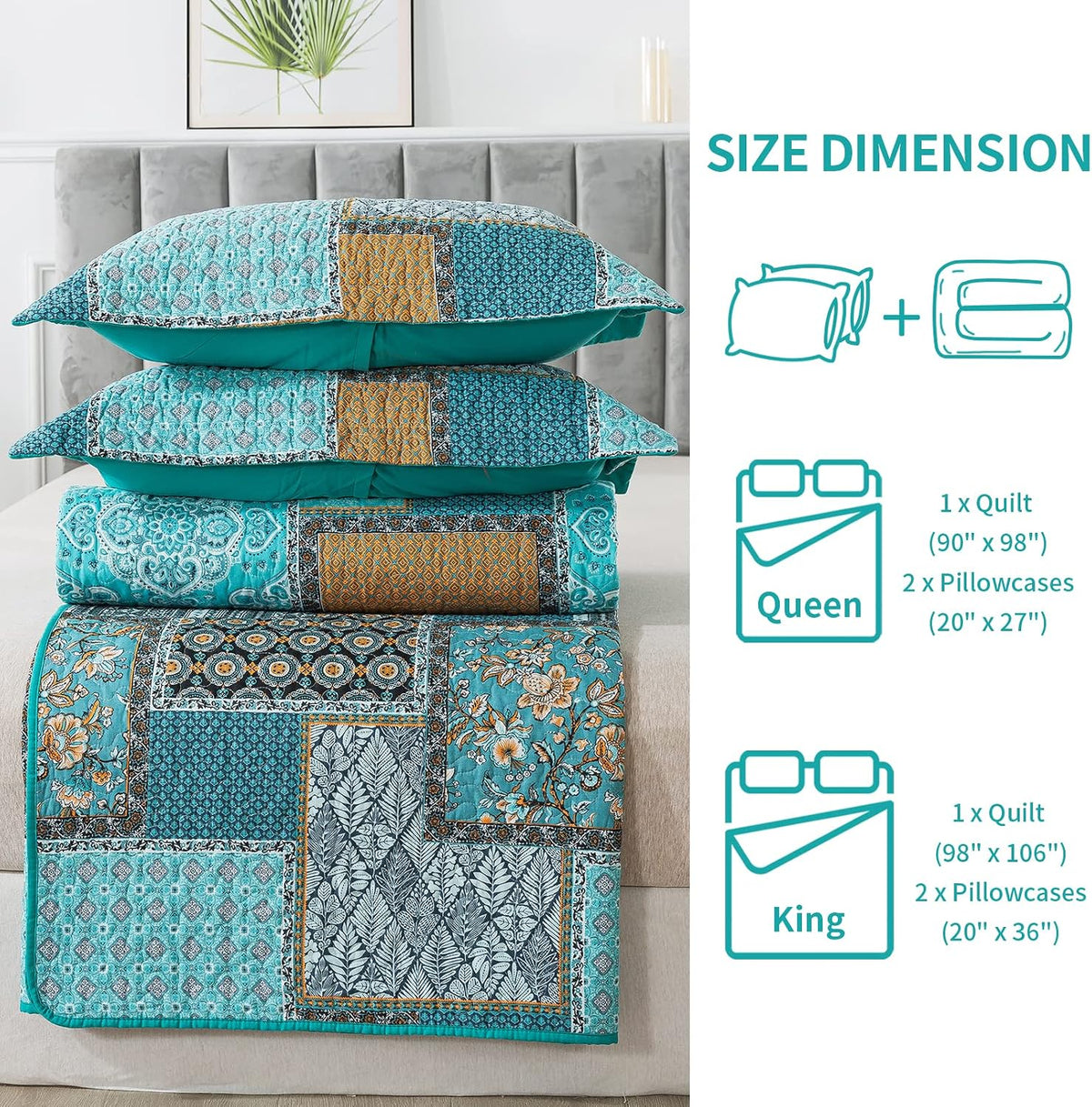 bedifany 3 pieces cotton king size quilt sets on a desk or shelf