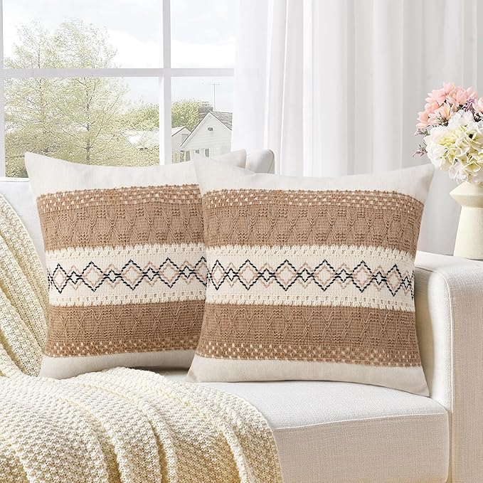 Pyonic Pack of 2 Boho Throw Pillow Covers 18x18 Inch Farmhouse Decorative Throw - Image 7