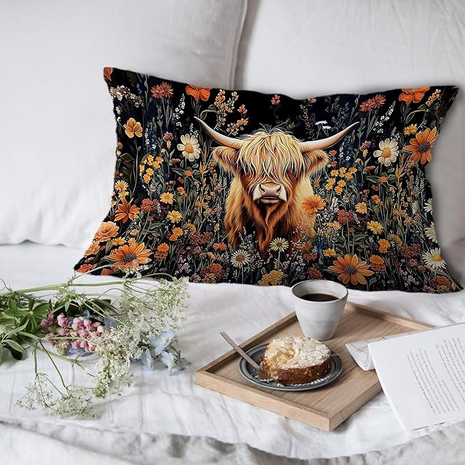 Moody Floral Highland Cow Pillow Covers 12x20 Set of 2, Gifts - Image 6