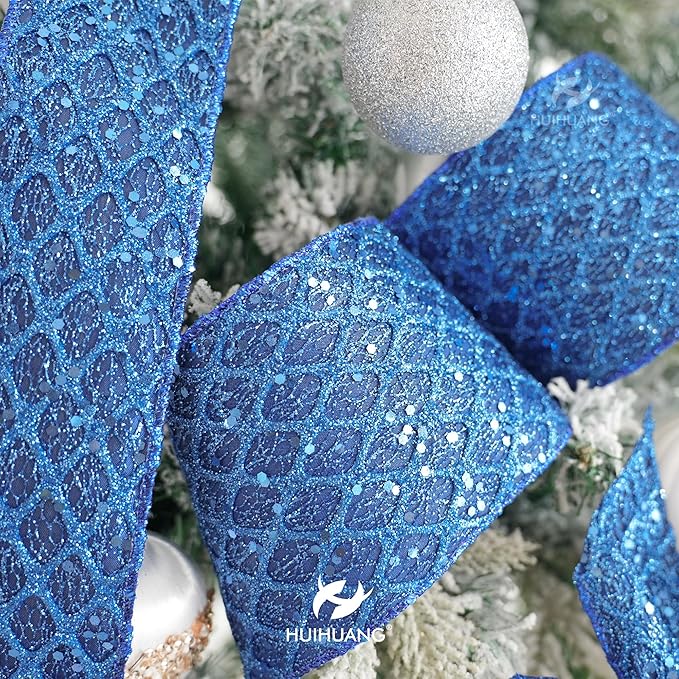 HUIHUANG Navy Blue Wired Christmas Ribbon 4 inch Navy Glitter Wired Ribbon - Image 4