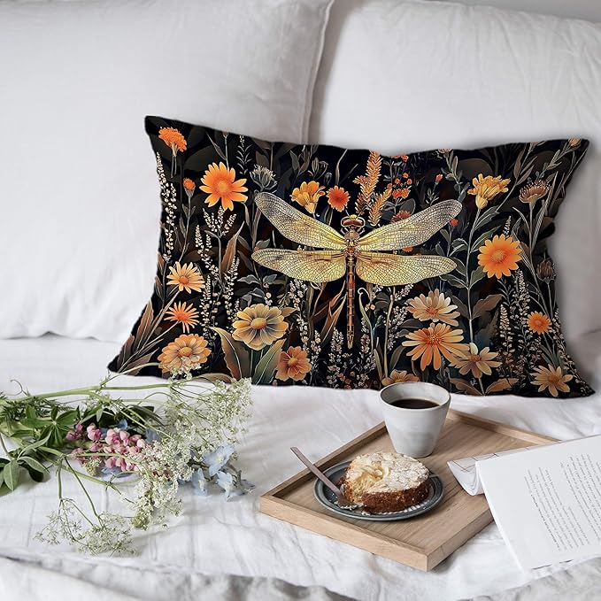 Moody Vintage Dragonfly Bee Floral Pillow Covers 12x20 Set of 2, Dark - Image 6