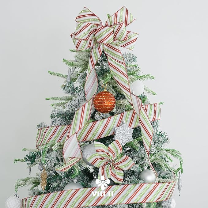 MEEDEE Red and Green Diagonal Striped Ribbon 2.5 Inch White Satin - Image 5