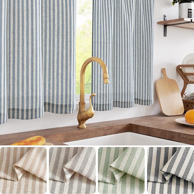 jinchan Striped Linen Kitchen Curtains 30 Inches Length Tier Curtains Farmhouse - Image 2