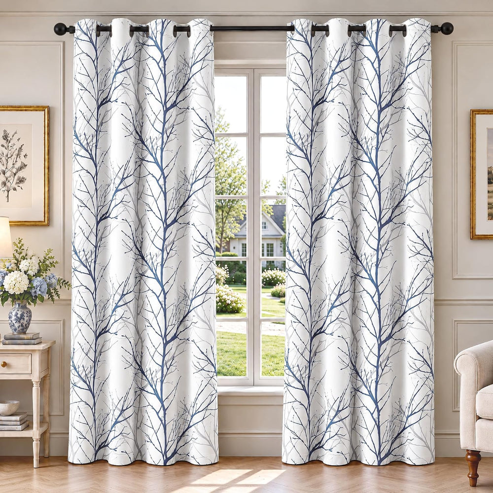 FMFUNCTEX 100% Blackout Blue Grey Tree Branch Curtains 63 Inch 2 Panels