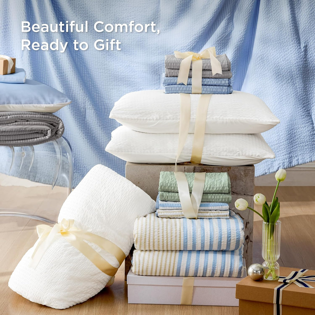 bedsure cooling comforters queen size, grey seersucker cool on a desk or shelf
