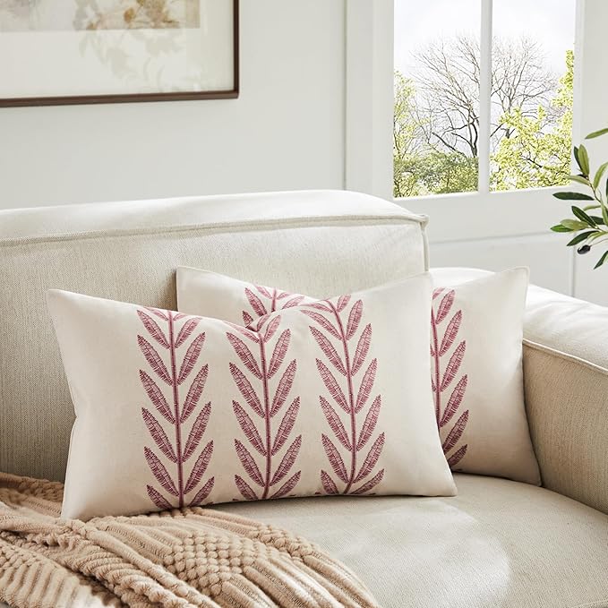 100% Cotton Farmhouse Leaves Lumbar Throw Pillow Covers Set of 2, 12x20 Inch by Unknown