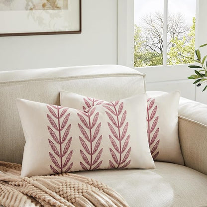 100% Cotton Farmhouse Leaves Lumbar Throw Pillow Covers Set of 2, 12x20 Inch by Unknown