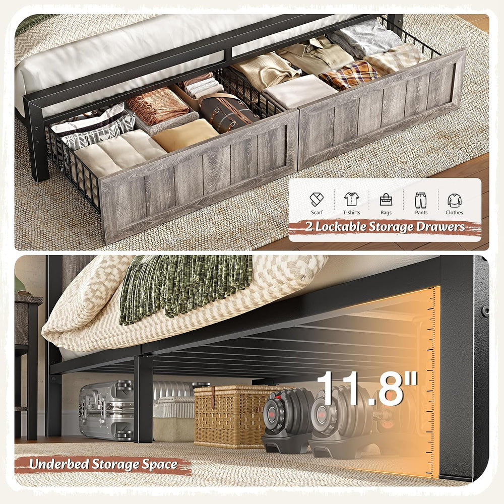 EnHomee Queen Farmhouse Bed Frame, 2 Storage Drawers, LED & USB, Light Grey