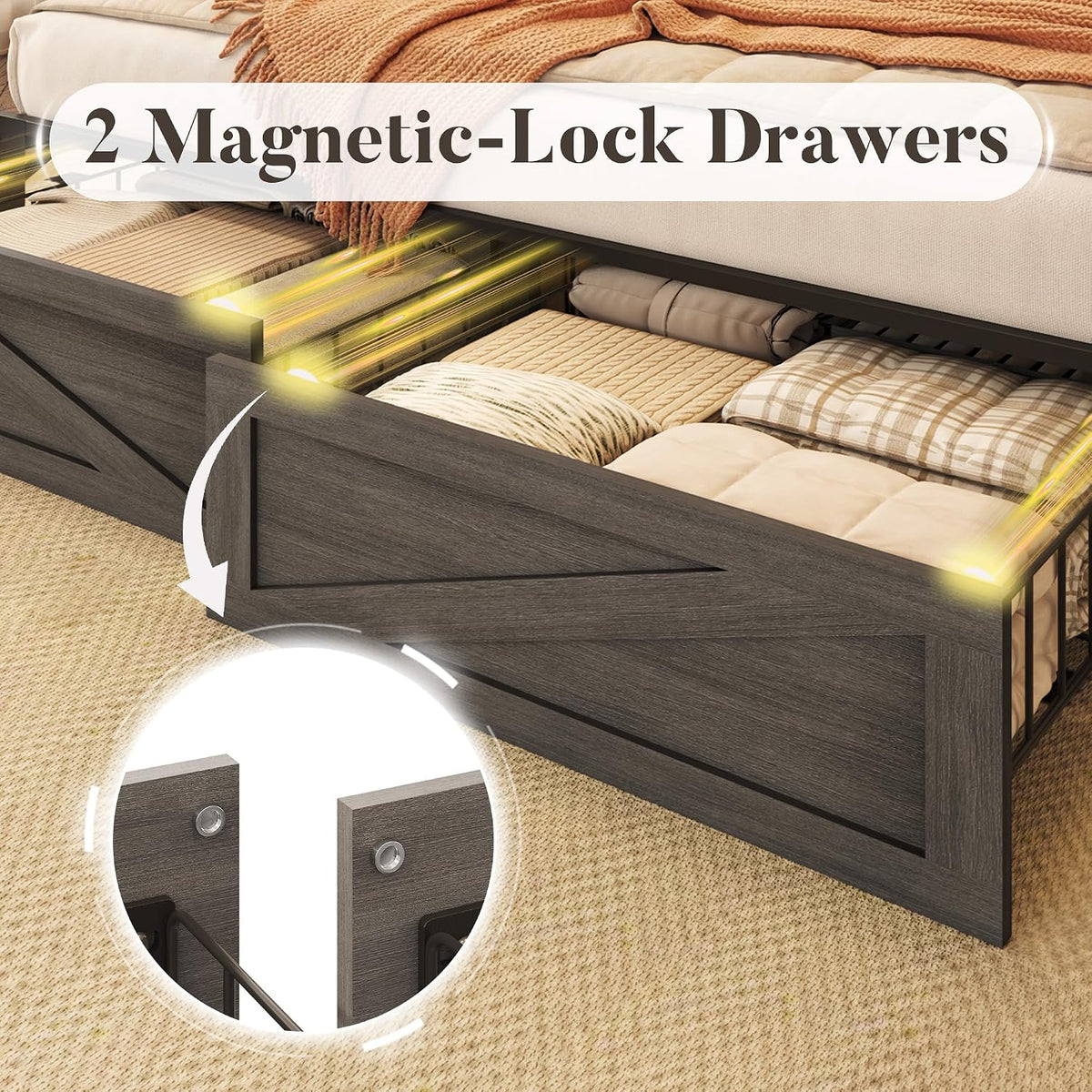 lifezone queen bed with farmhouse storage headboard, queen showing dimensions