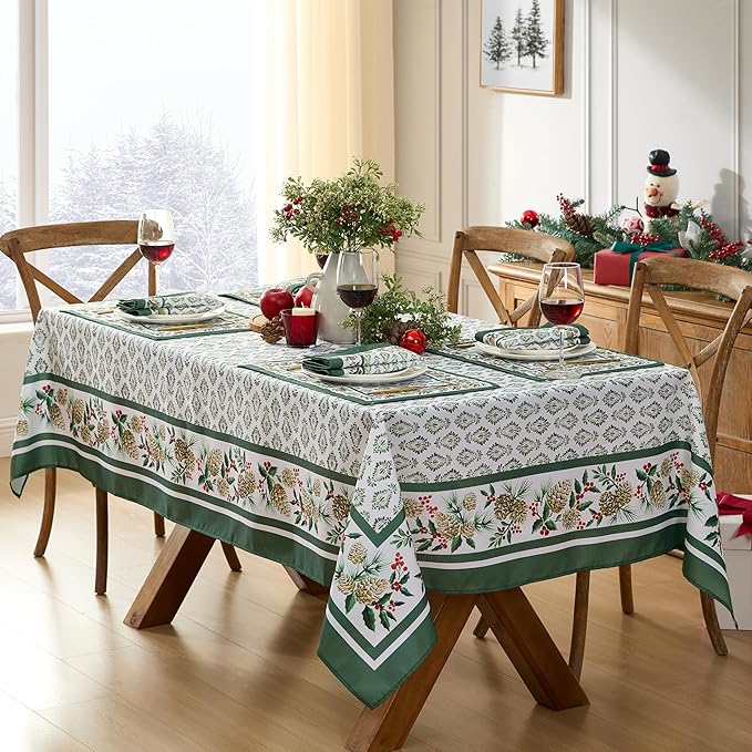 Newbridge Christmas Holly Pinecone Border 60 x 102 Inch Rectangle Fabric by HomeBargainsPlus
