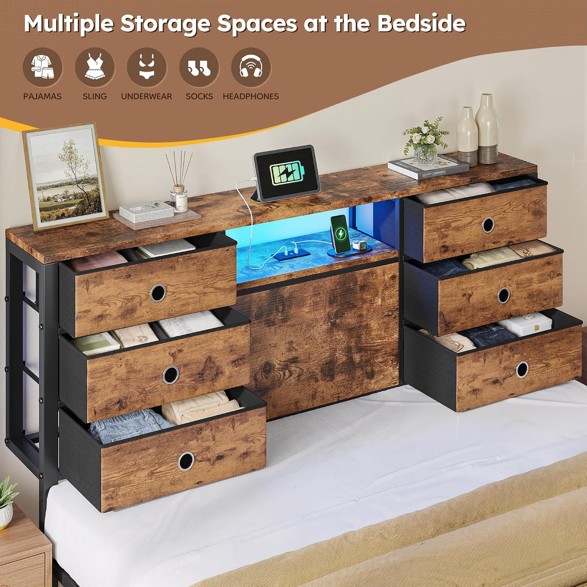 homkdom full size bed frame with 8 drawers, close-up detail