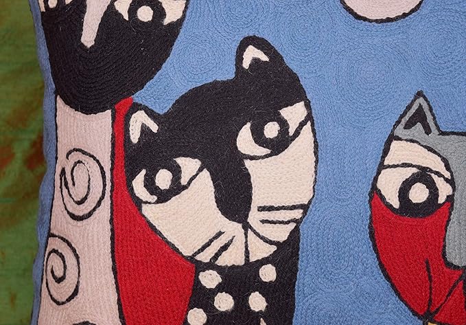 Picasso Blue Cat Pillow Cover Quadruplets Whimsical Hand Embroidered Wool 18x18 - Image 7