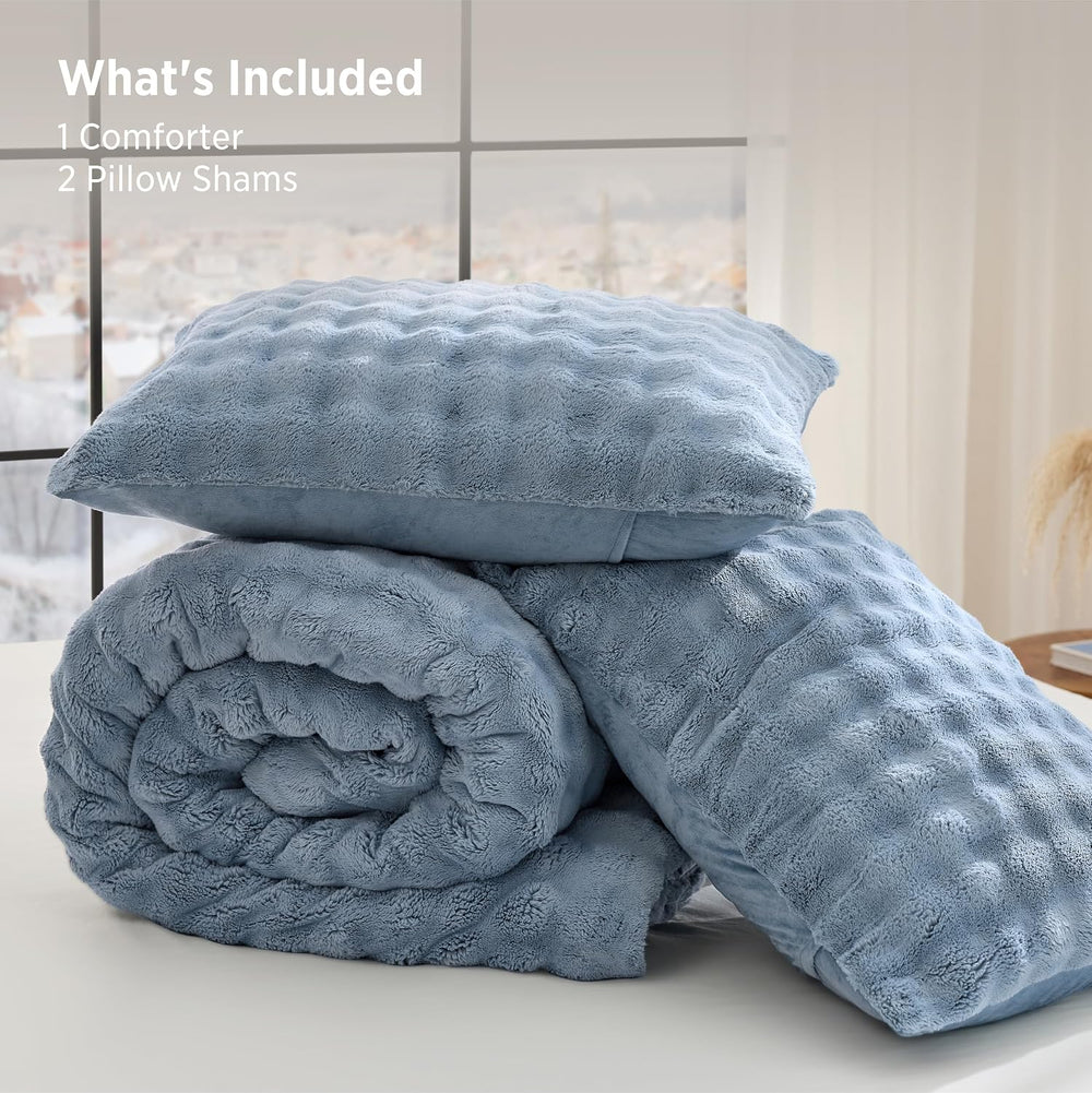 Bedsure 3D Cloud Bubble Comforter Set Fluffy Bed Set Queen Slate Blue 3 Pcs