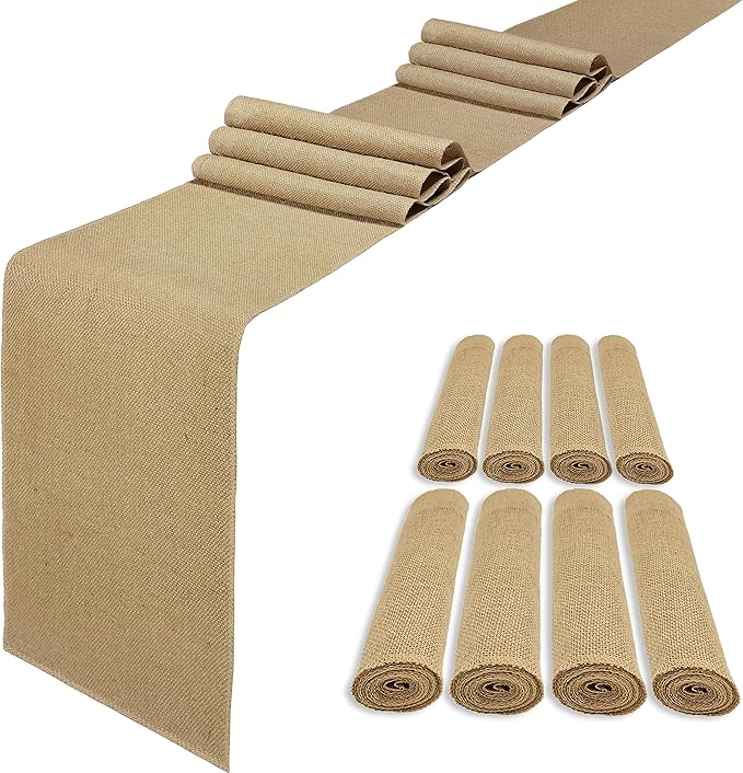8 Pack 12 x 120 Inch Burlap Table Runners, Natural Rustic Jute Table Runner Bulk by Wlirantim