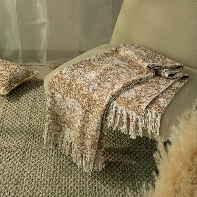 100% Pure Cotton Handblock Printed Throw Blanket, Soft 50" x 60" Fringed Floral - Image 3
