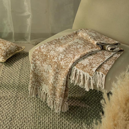 100% Pure Cotton Handblock Printed Throw Blanket, Soft 50" x 60" Fringed Floral - Image 3