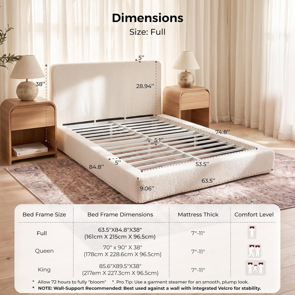 Full Size Cloud Bed Frame, White Upholstered Platform Bed Frame, Bed Base