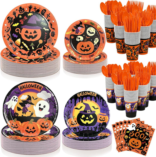 UJoyant 700 PCS Halloween Plates and Napkins Sets, Halloween Party Supplies Includes Disposable Plates Dessert Plates Napkins Cups Plastic Knives Forks Spoons Disposable Dinnerware Set （100 Guest