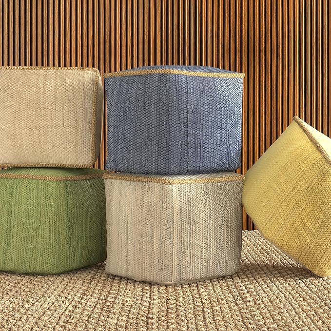 LR Home Birch/Silver Bordered Hand-Loomed Cotton Blend Cube Pouf - Image 8