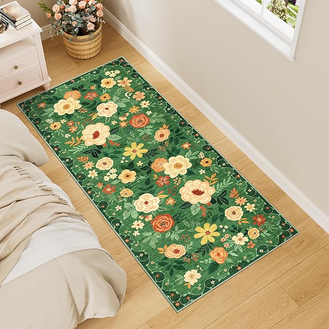 DUKINO 2x5 Runner Rug for Hallway, Washable Kitchen Floral Runner Rug by DUKINO